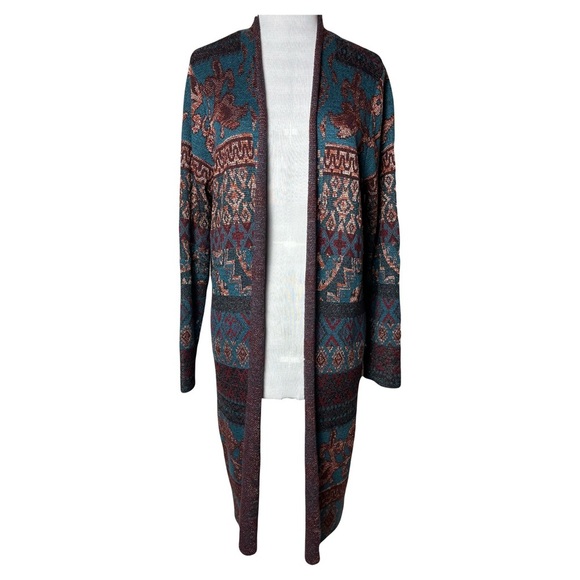Chico’s | Jewel Tone Tapestry Jacquard Long Duster Open Front Cardigan, Sz 2 (L) - Picture 1 of 9